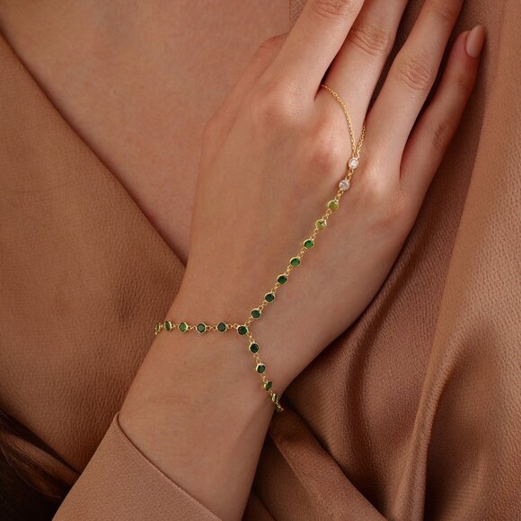 Silver Green Hand Chain, Slave Bracelet, Shahmaran, Hand Chain Ring, 925K silver - Picture 3 of 4